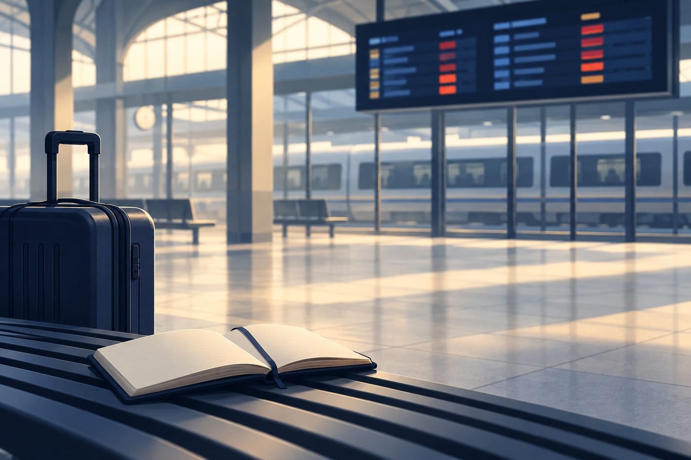 Original conceptual illustration of an empty generic railway concourse, unbranded train, suitcase and blank notebook; not Urda or accident photography.