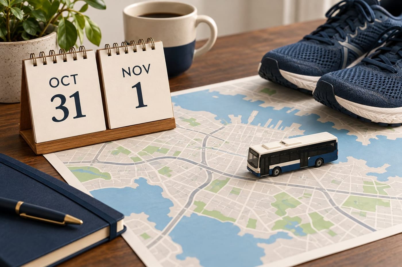 Original conceptual illustration of OCT 31 and NOV 1 calendars, running shoes, a miniature bus and an abstract map; not an actual closure map or live traffic image.