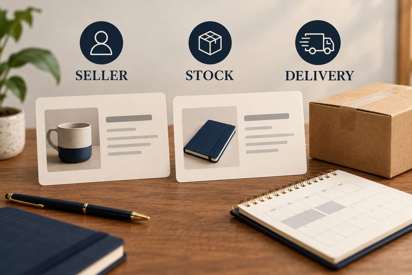 Original conceptual illustration of generic offer cards, a parcel and calendar beneath SELLER, STOCK and DELIVERY headings; not an actual Galaxus offer or customer order.