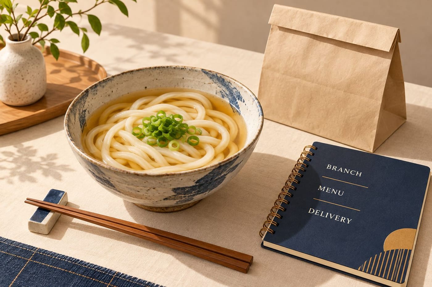 Original conceptual illustration of an unbranded udon bowl, blank takeaway bag and notebook headed BRANCH, MENU and DELIVERY; not Sukesan food or premises.