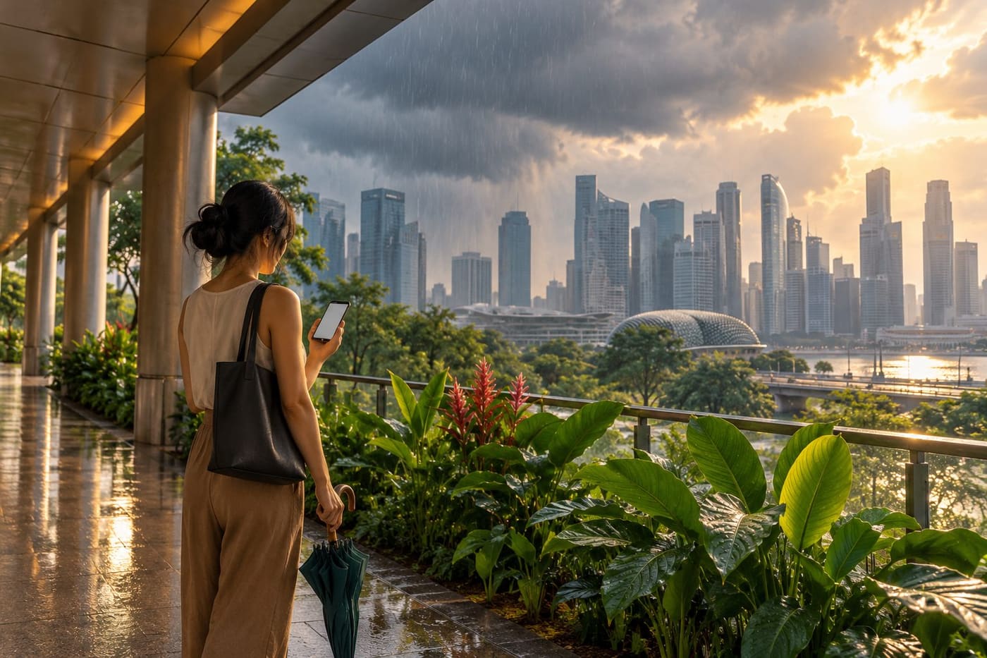 Original conceptual illustration of a covered tropical city walkway, rain clouds and a traveller checking a blank phone; not a weather observation or forecast map.
