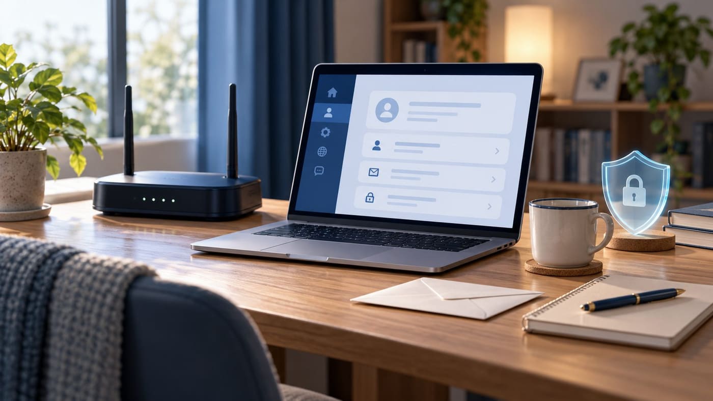 Original conceptual illustration of an unbranded home router, abstract laptop account panels and a closed envelope; no real customer account, leaked data or incident screenshot.