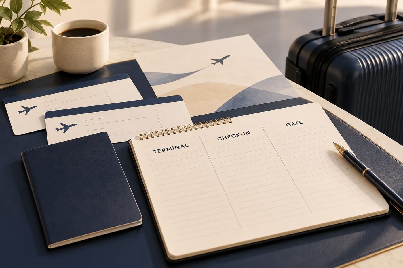 Original conceptual illustration of a suitcase, blank travel documents and notebook headed TERMINAL, CHECK-IN and GATE; no actual airport notice or terminal plan.