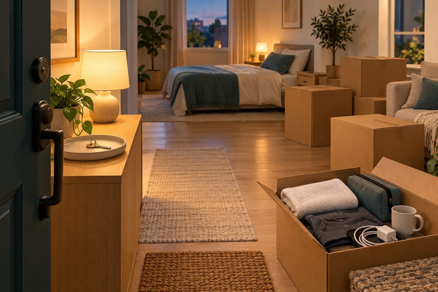 Original conceptual illustration of an accessible first-evening box, a prepared sleeping space and an open walkway in a fictional new home; not an actual household move.