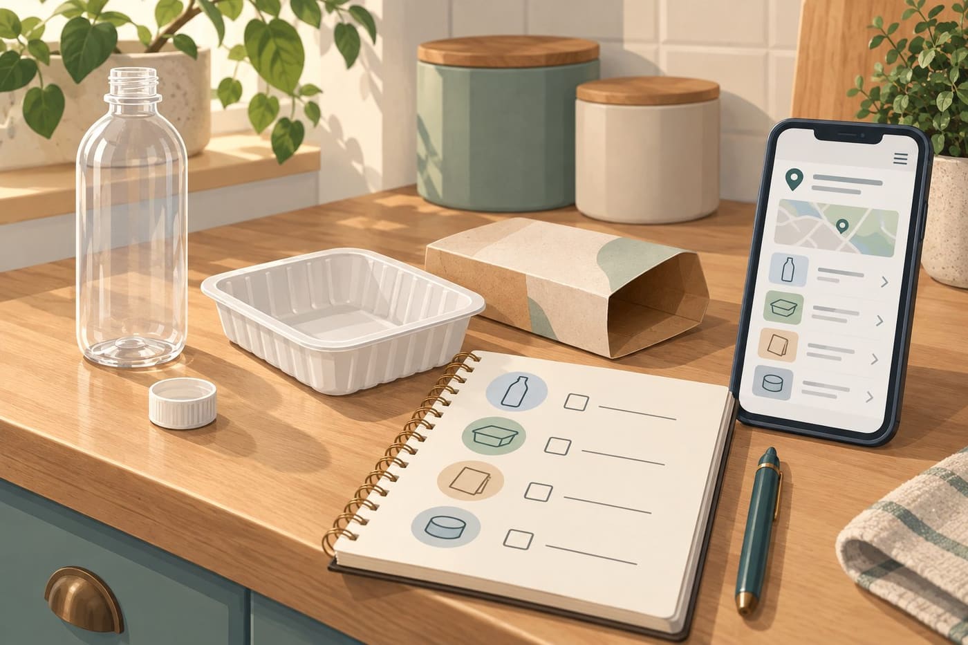 Original conceptual illustration of clean generic packaging beside a blank sorting note and abstract local-information page; no official certification or universal bin rule is shown.
