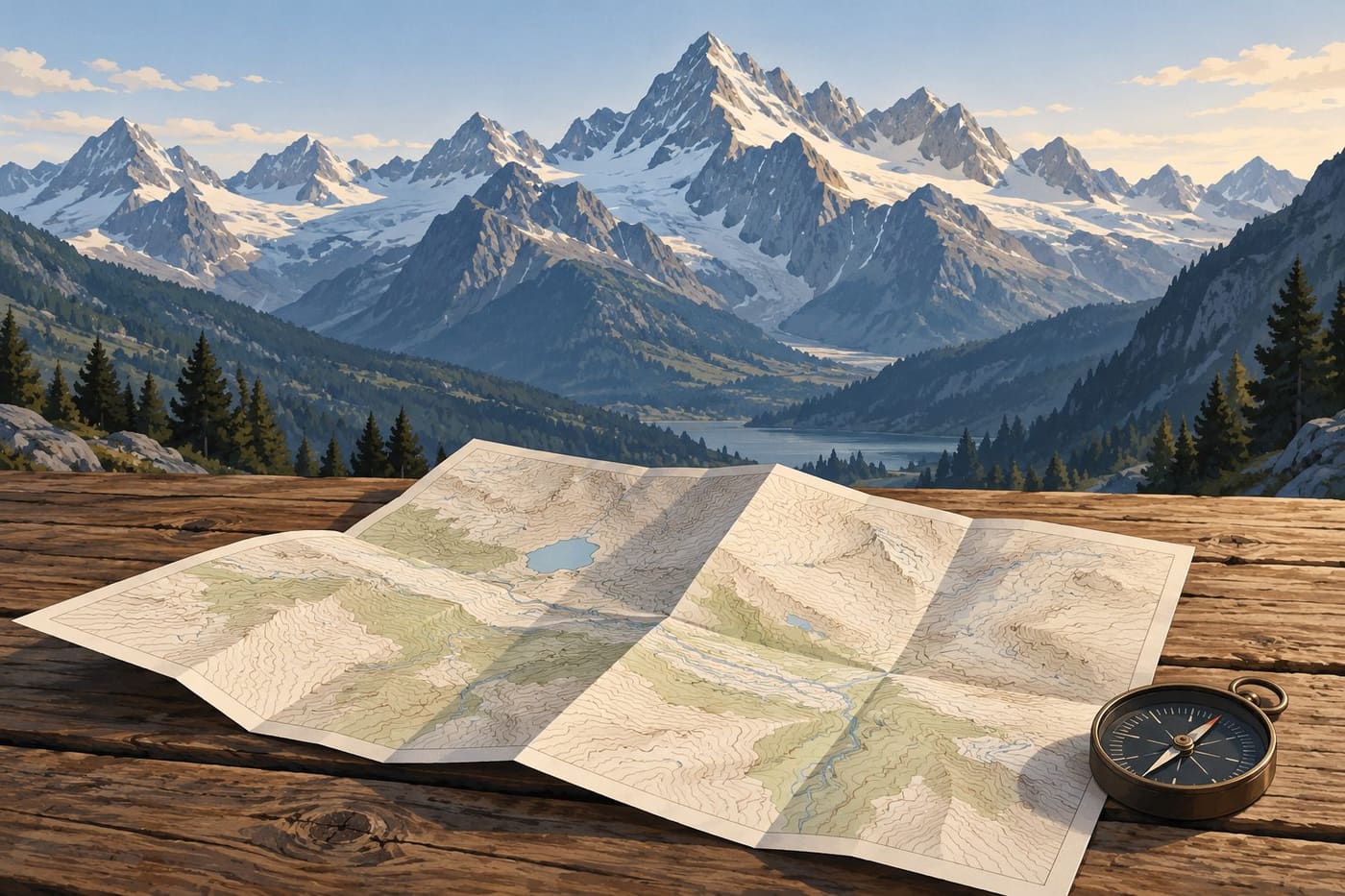 Original conceptual Alpine mountain illustration with drawn paper map and compass; not the accident location, rescue photography or a usable navigation map.