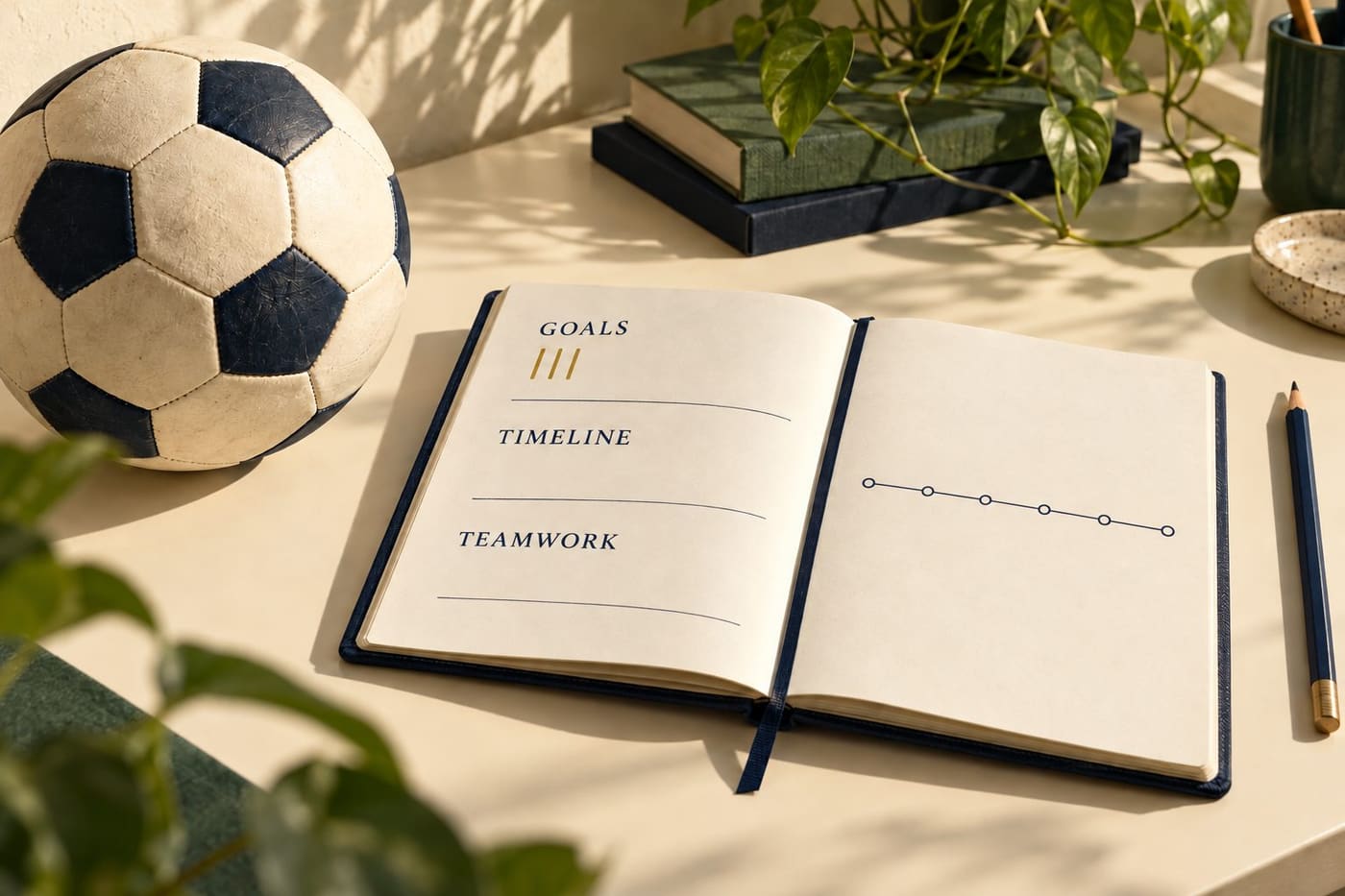 Original conceptual football and notebook illustration headed GOALS, TIMELINE and TEAMWORK with three tally marks; not an official match graphic.
