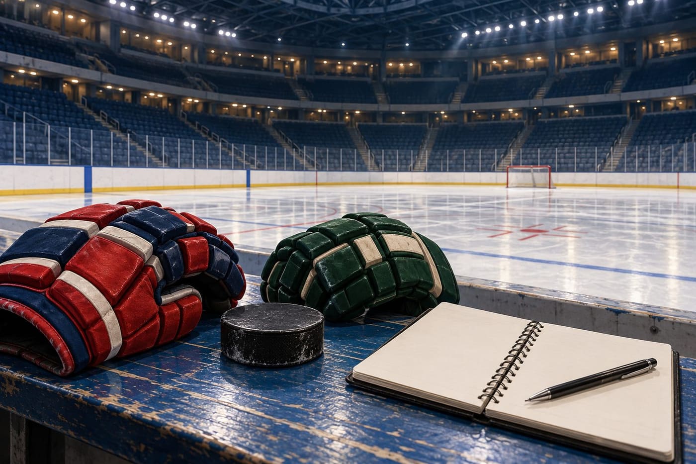 Original conceptual hockey illustration with unbranded gloves, puck and notebook beside a generic empty rink; not real match photography.