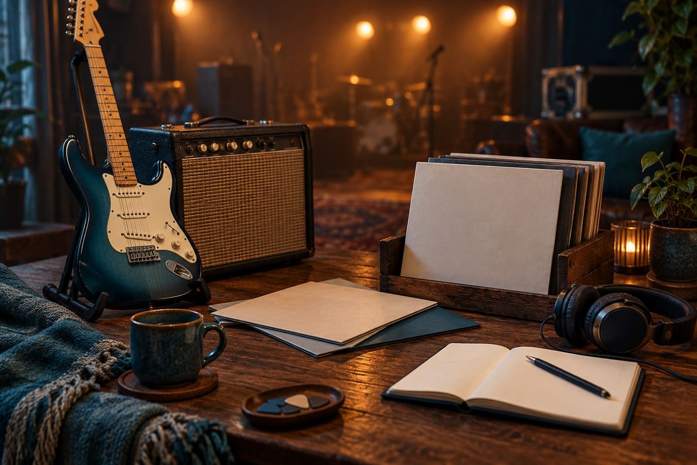 Original conceptual illustration of an unbranded guitar, amplifier, blank record sleeves and listening notebook; not a Donnie Iris concert or portrait.