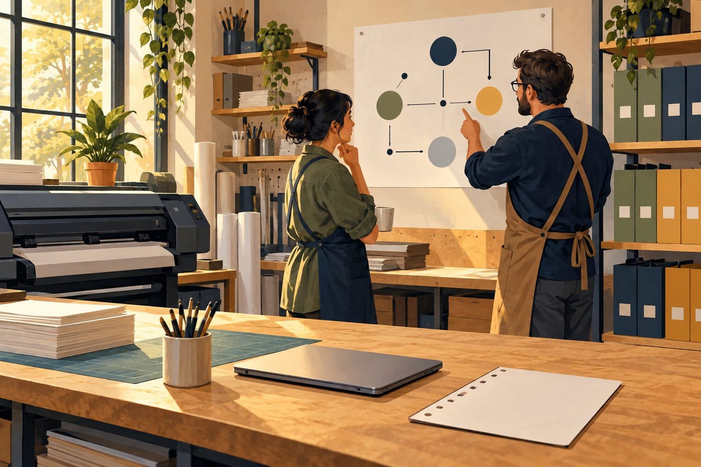 Original conceptual illustration of a fictional print shop team calmly reviewing a blank contact list and simple planning diagram; not a real incident or tested continuity plan.