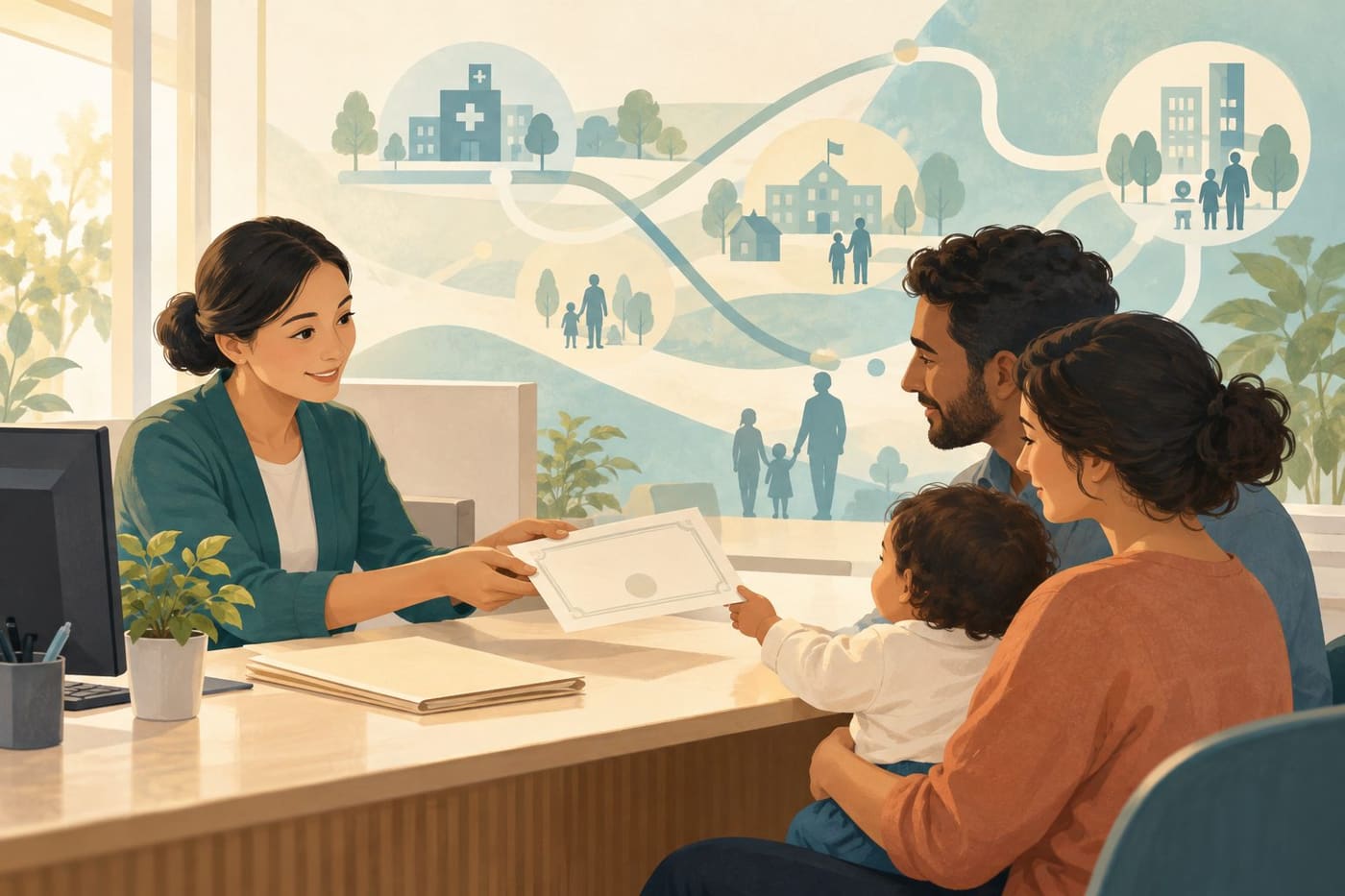 Original conceptual illustration of a fictional family receiving a blank document at a civil registry counter; not a real child, official form or documentary photograph.
