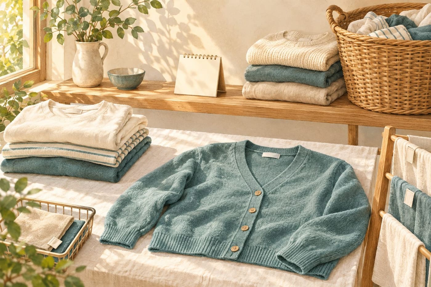 Original conceptual illustration of folded everyday clothes, a cardigan laid flat, a laundry basket and blank planning card; not a certified care-symbol chart or a product test.