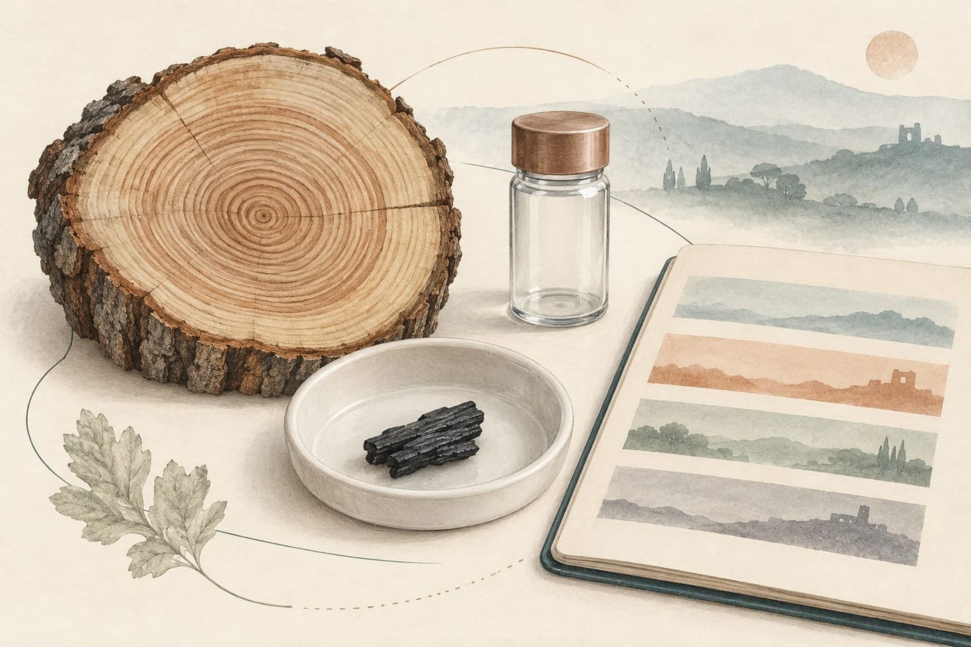 Original conceptual illustration of wood rings, charcoal in a dish, a glass vial and an open notebook with landscape bands; not an excavation, laboratory measurement or calibration chart.