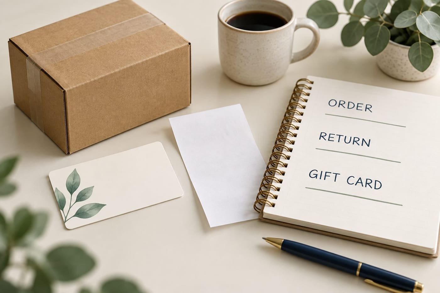 Original conceptual illustration of an unbranded parcel, blank gift card, receipt and notebook headed ORDER, RETURN and GIFT CARD; no actual transaction or retailer notice is shown.