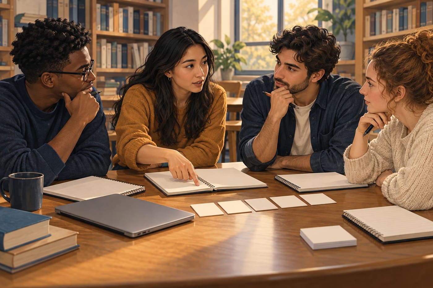 Original conceptual illustration of four adult students discussing notebooks and blank planning cards at a library table.