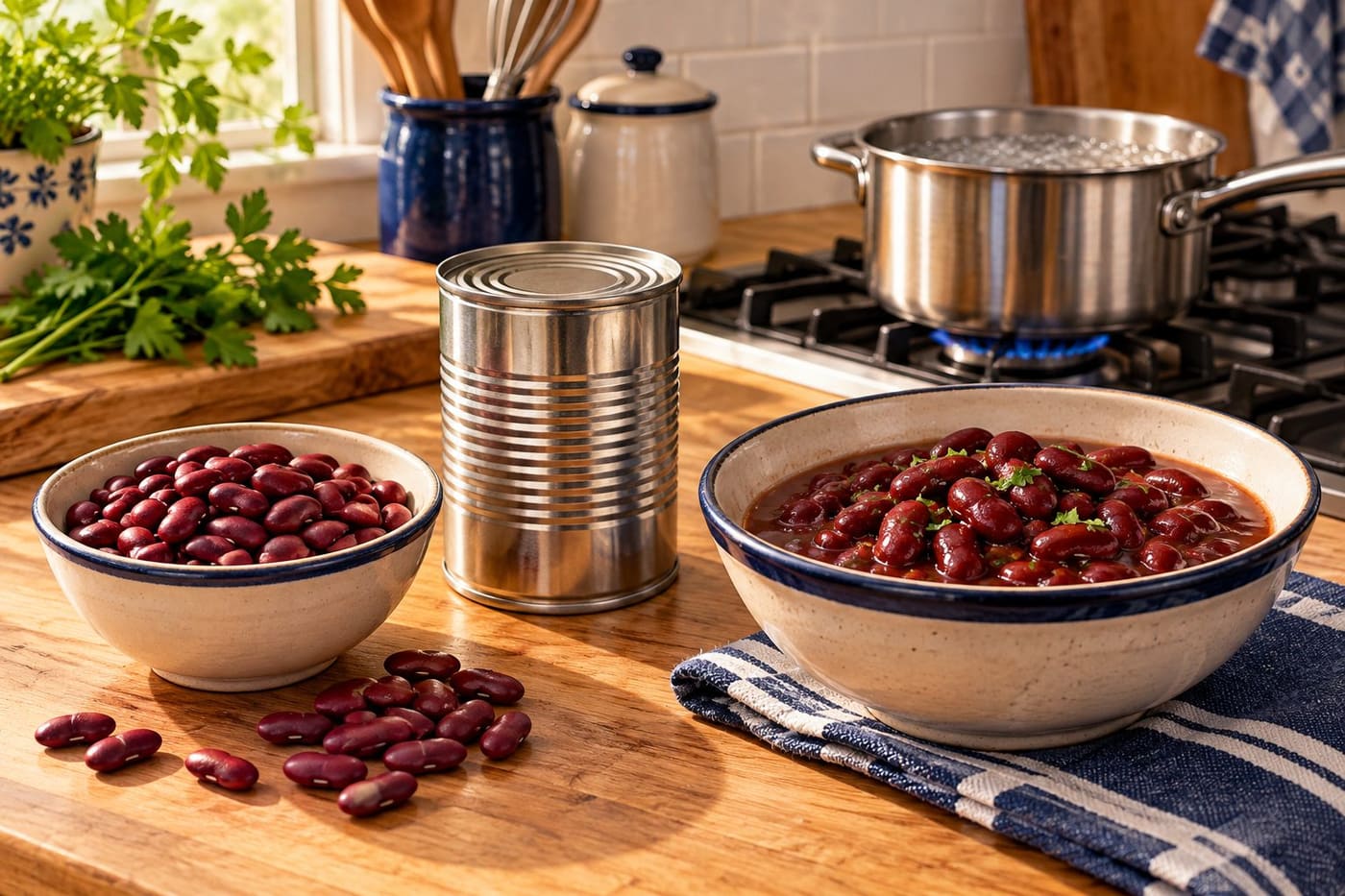 Original conceptual kitchen illustration showing separate bowls of dry and cooked kidney beans, an unbranded can and a saucepan; not a validated cooking demonstration.