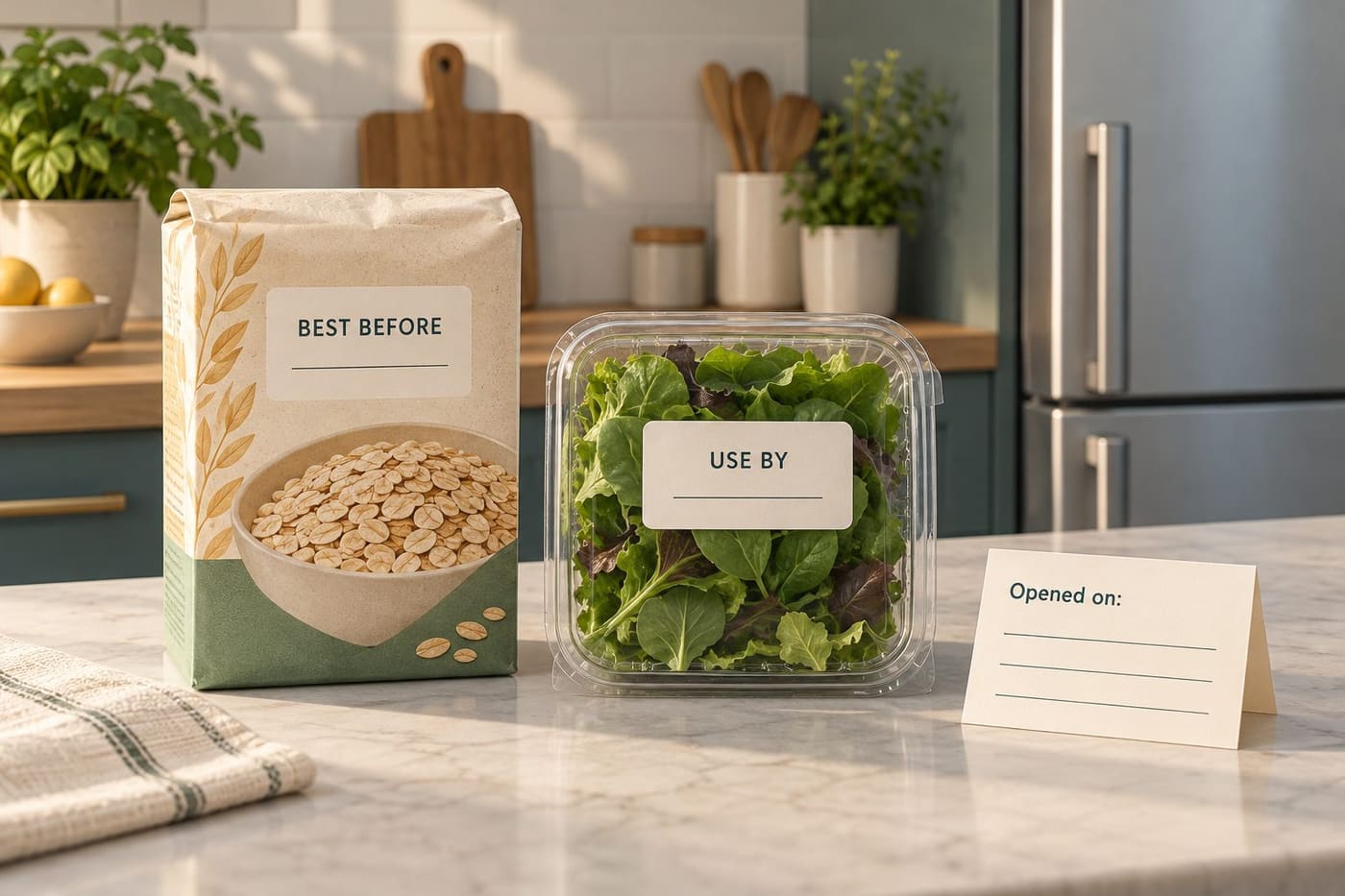 Original conceptual illustration of generic cereal and salad packages marked BEST BEFORE and USE BY beside a blank opening-date note; no actual product or valid deadline is shown.