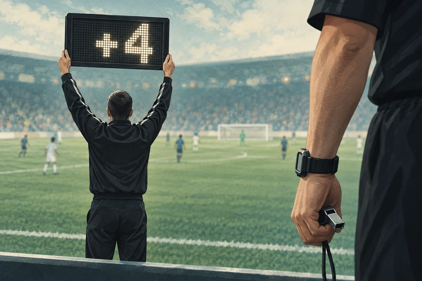 Original conceptual football illustration of an anonymous fourth official holding a plus-four board beside a generic referee; not a real match or verified scoreboard.