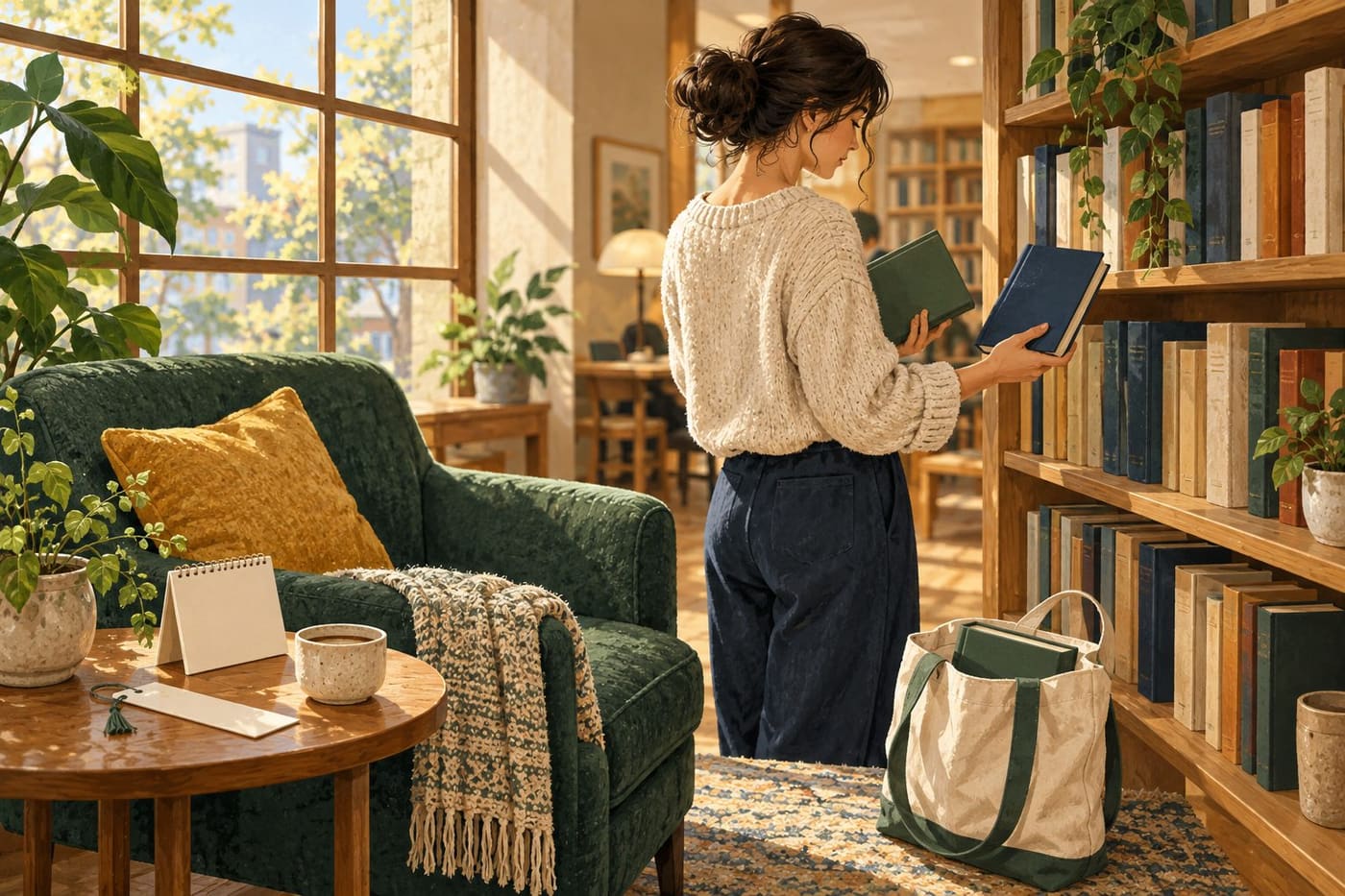 Original conceptual illustration of a quiet generic library reading corner, plain books, a tote bag and a blank bookmark; not a photograph of a real branch or reader.