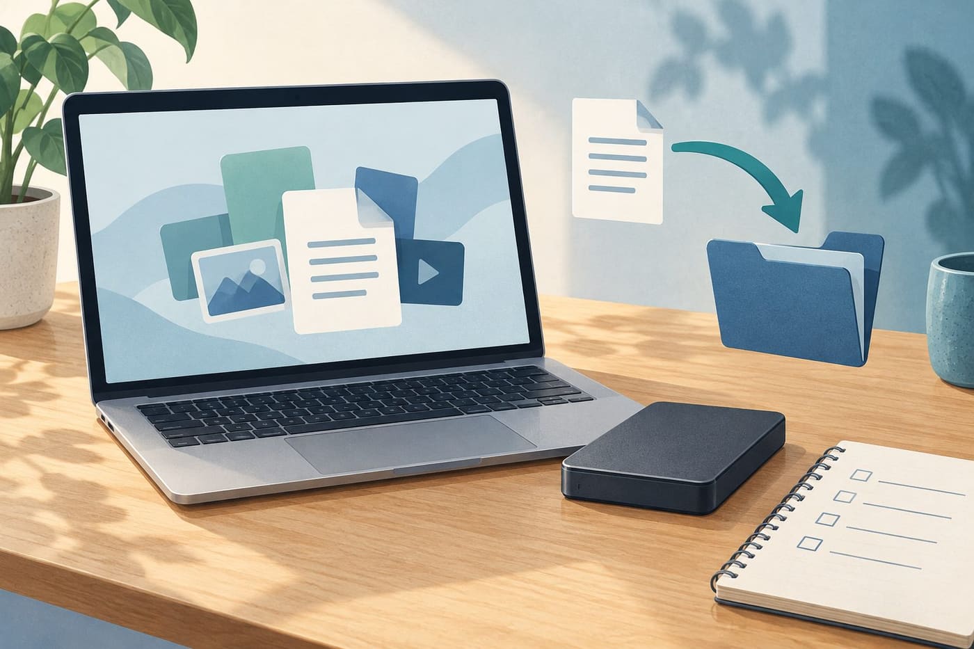 Original conceptual illustration of an unbranded laptop, separate storage device, abstract recovery folder and plain notebook; not an actual backup test, interface or product endorsement.