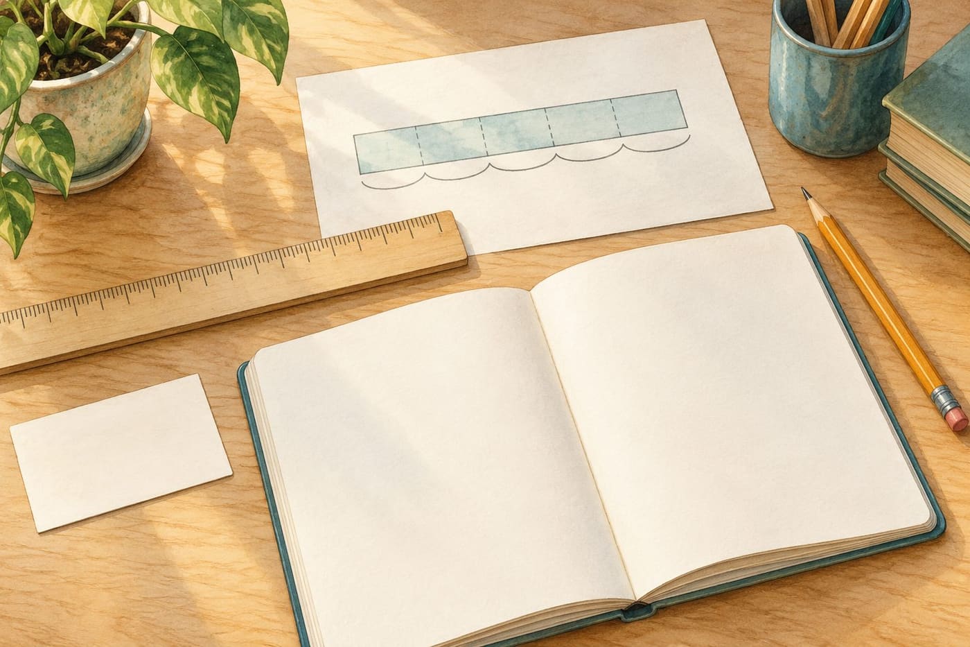 Original conceptual illustration of a generic ruler, blank notebook, rectangular card and abstract divided strip on a desk; not a measured experiment or a worked conversion result.