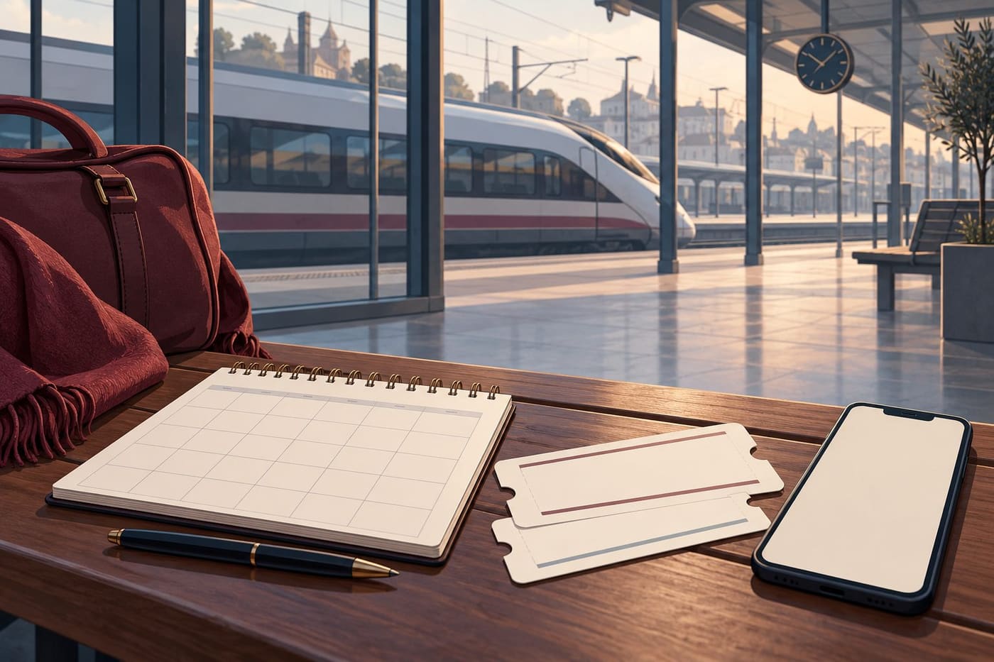Original conceptual French railway station illustration with blank tickets, a calendar and an unbranded phone; not a valid ticket, booking screen or documentary journey photograph.