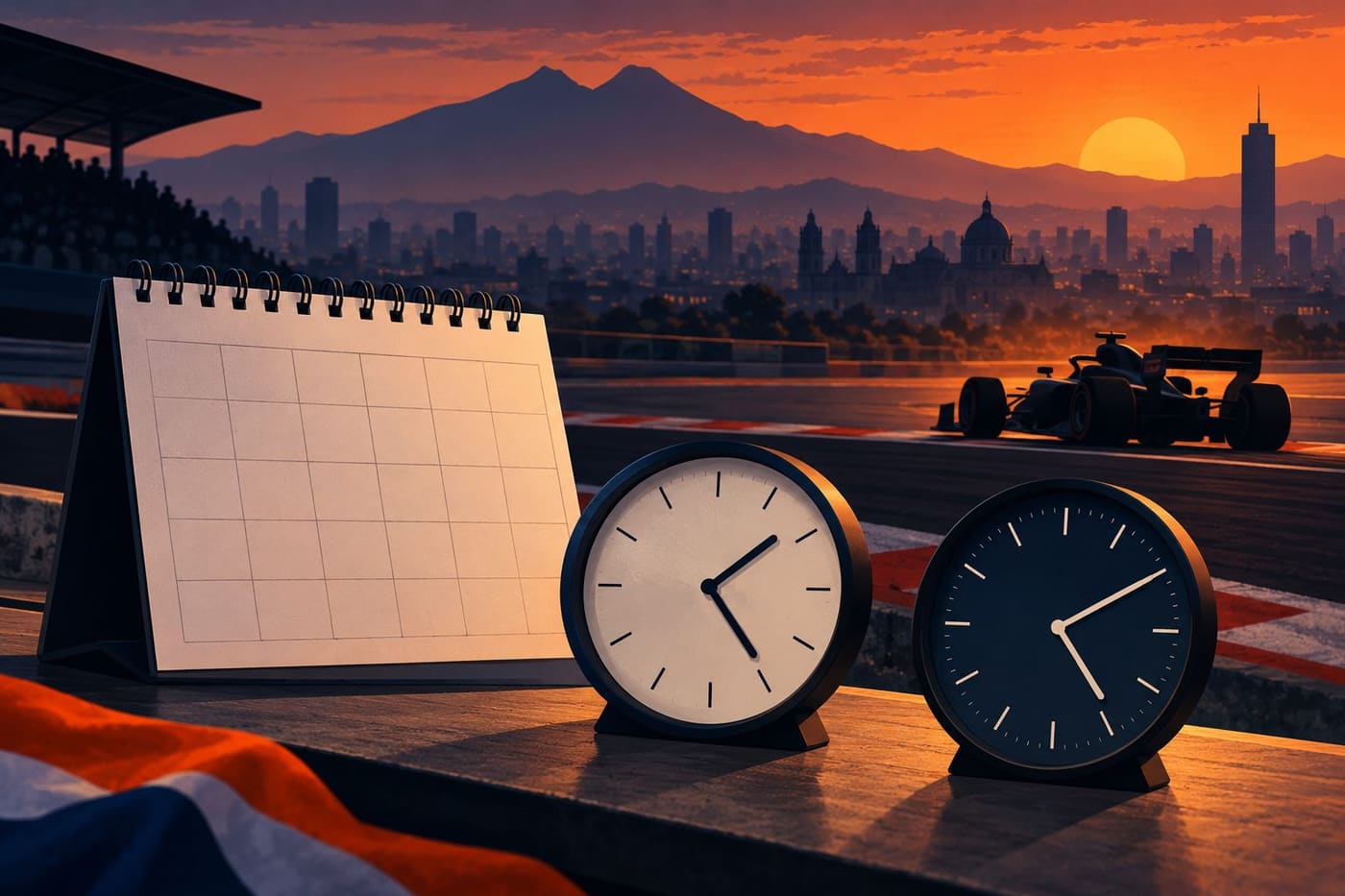 Original conceptual illustration of a blank calendar, decorative clocks and generic unbranded racing car; not an official Mexico Grand Prix schedule or event photograph.