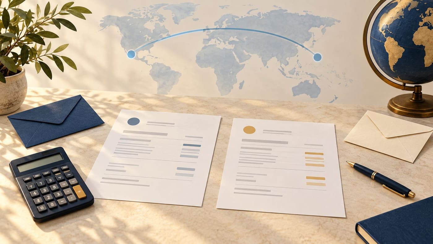 Original conceptual illustration of two generic quote sheets, a calculator and envelopes on a desk; no real financial offer or exchange-rate data.