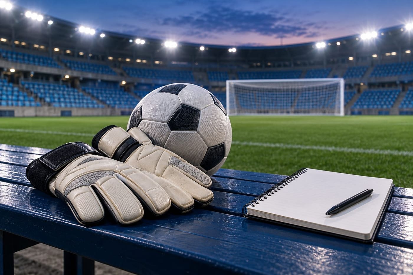 Original conceptual illustration of plain goalkeeper gloves, football and blank notebook beside a generic goal and blue seats; not Rulli or match photography.