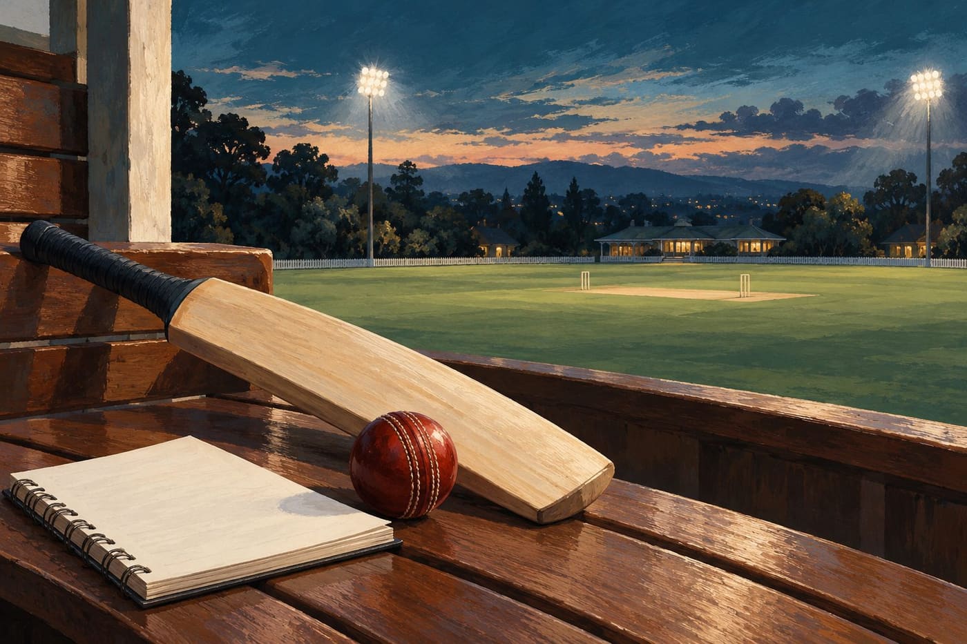Original conceptual illustration of an unbranded cricket bat, ball and score notebook beside a generic floodlit ground; not actual Auckland match photography.