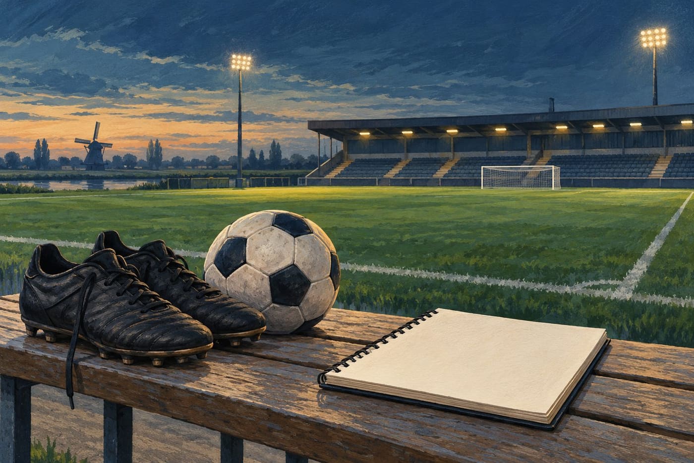 Original conceptual illustration of plain football boots, ball and blank analysis notebook beside an empty generic stadium, not real Groningen–Emmen match photography.