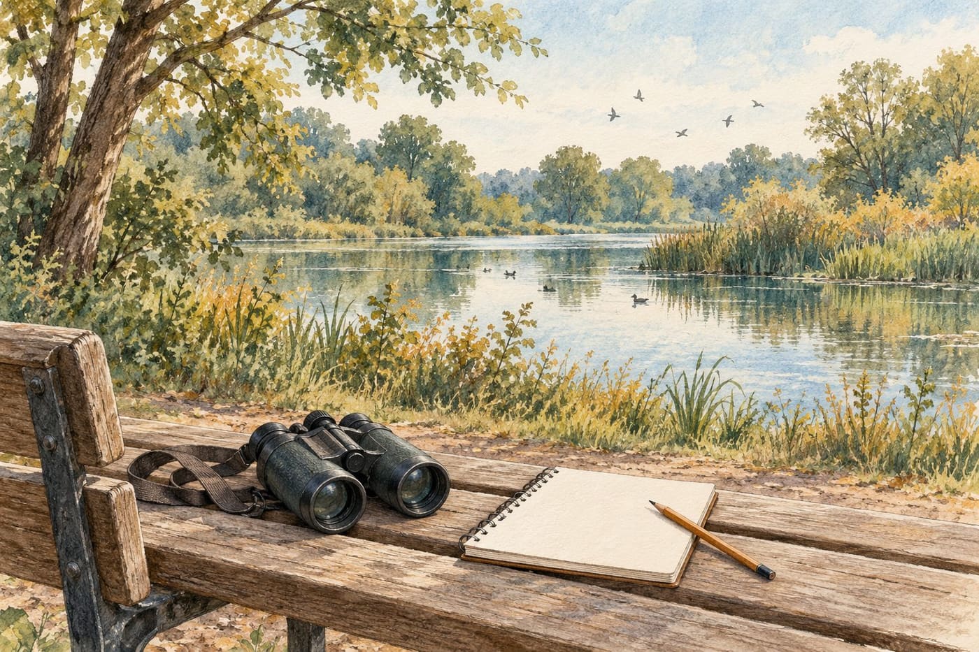 Original conceptual illustration of binoculars and a blank field notebook beside a generic park pond with distant birds; not a real survey or documented species location.