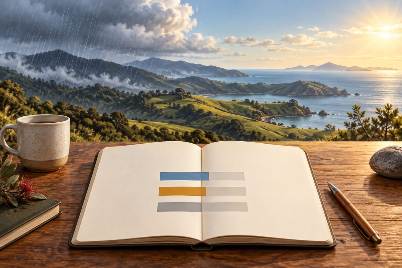 Original conceptual climate illustration of a blank planning notebook with unlabelled bars and abstract rainy and sunny New Zealand-style hills; not a forecast chart or observed weather.