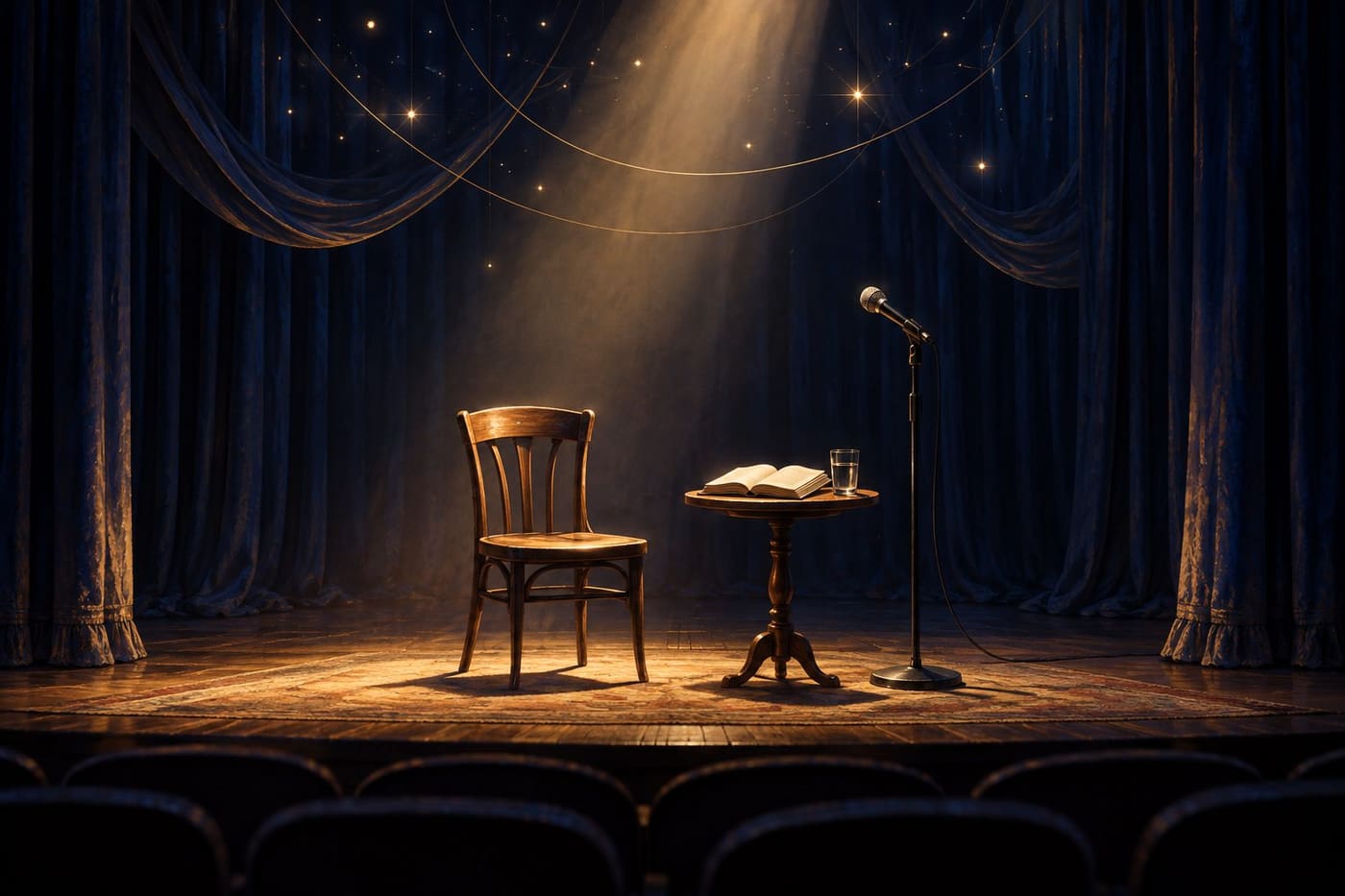 Original conceptual illustration of an empty stage with a poetry book, chair and microphone; symbolic artwork, not a real memorial, venue or film still.