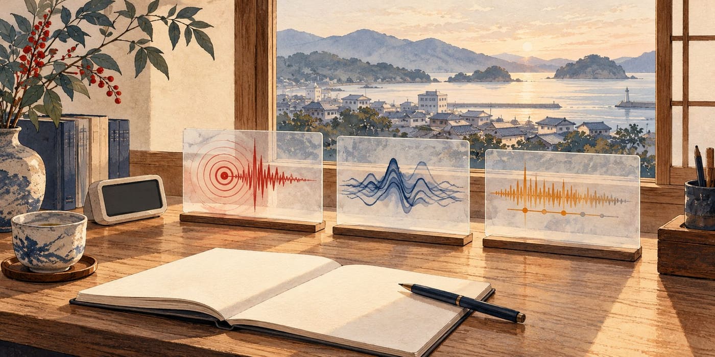 Original conceptual Japanese study illustration with three decorative waveform panels and a blank notebook; not a real seismic record, official intensity map, warning screen or documentary earthquake photograph.