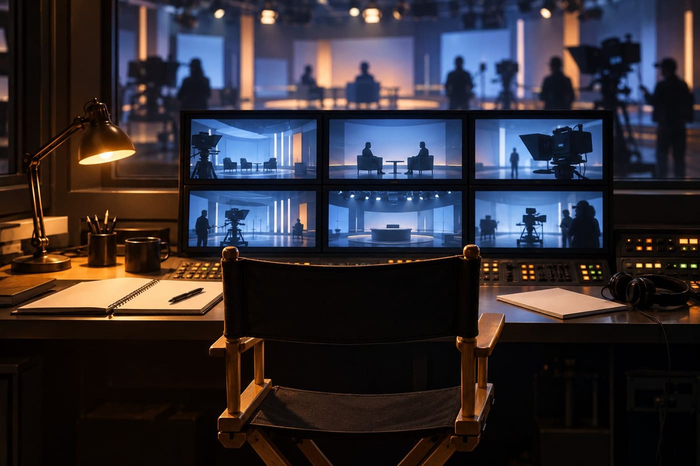 Original conceptual illustration of a generic television production gallery with unbranded monitors and an empty director chair; not Didier Fraisse or an actual workplace.
