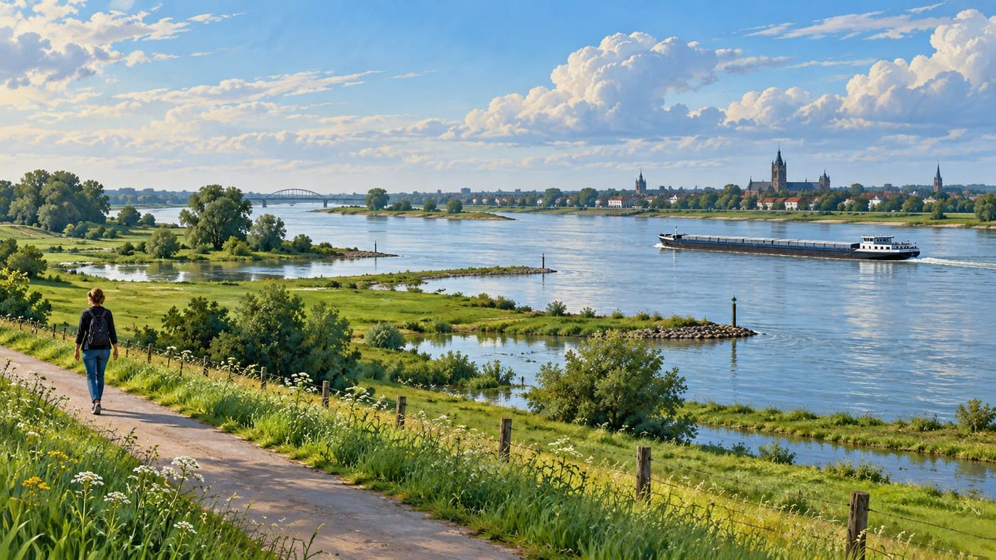 Original conceptual illustration of a broad Dutch river, green floodplain, distant cargo vessel and elevated walking path; not a current river photograph or navigational map.