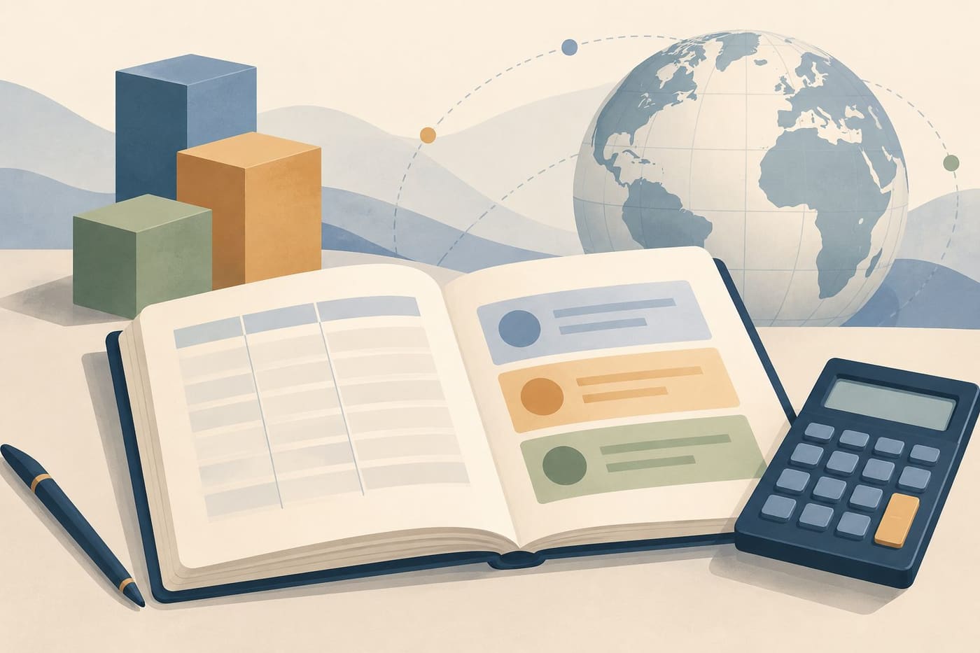 Original conceptual illustration of a generic funding notebook, calculator and abstract allocation blocks beside a globe; not an official dashboard, real transaction or crisis scene.