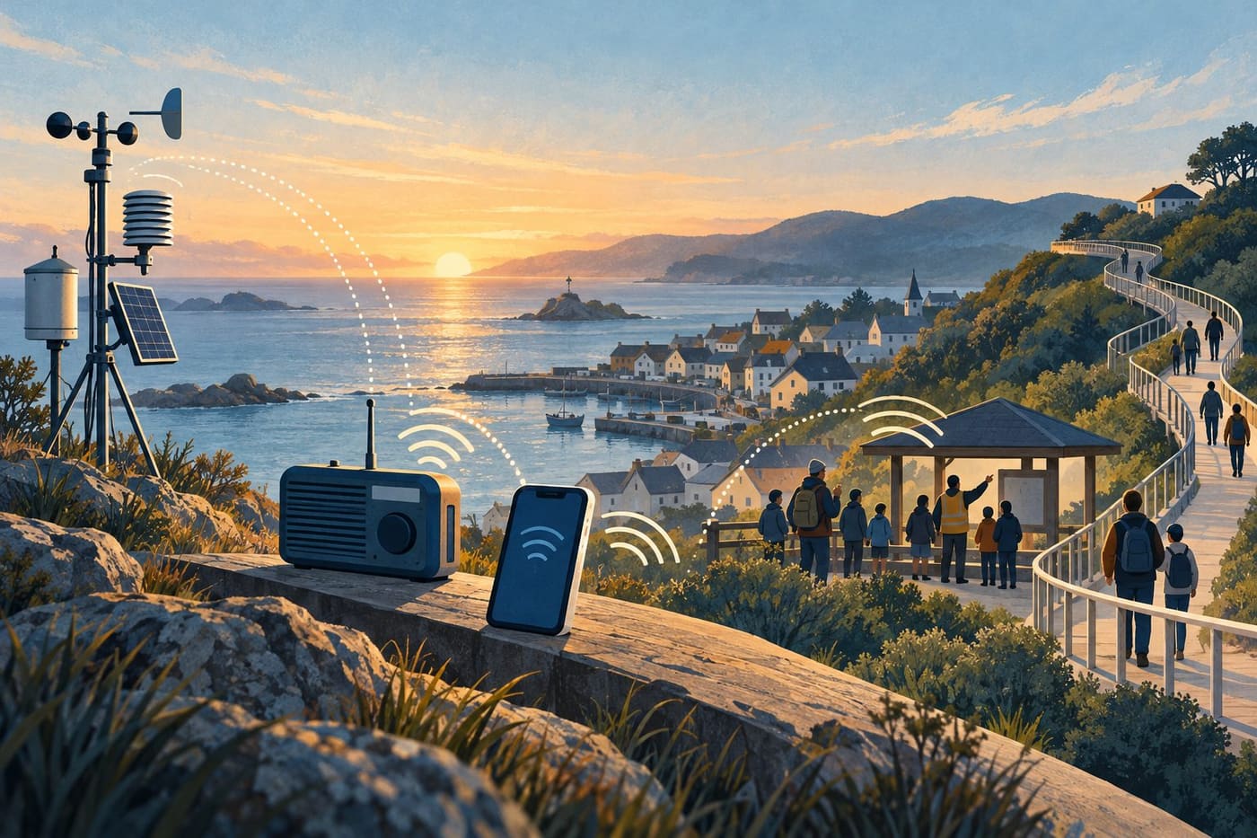 Original conceptual illustration connecting generic weather instruments, a radio and phone, and a fictional coastal community preparing together; not an official warning or evacuation map.