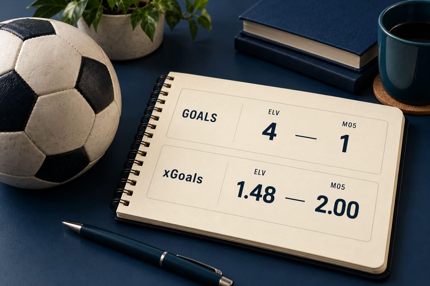 Original conceptual illustration of a football and notebook separating Elversberg–Mainz goals, 4–1, from reported xGoals, 1.48–2.00; not an official match graphic.