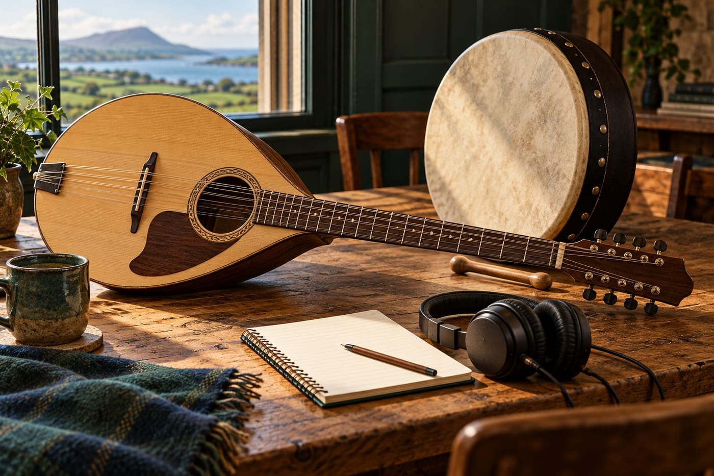 Original conceptual illustration of a generic plucked string instrument, frame drum, headphones and a blank listening notebook; not Dónal Lunny’s instrument, studio or album artwork.