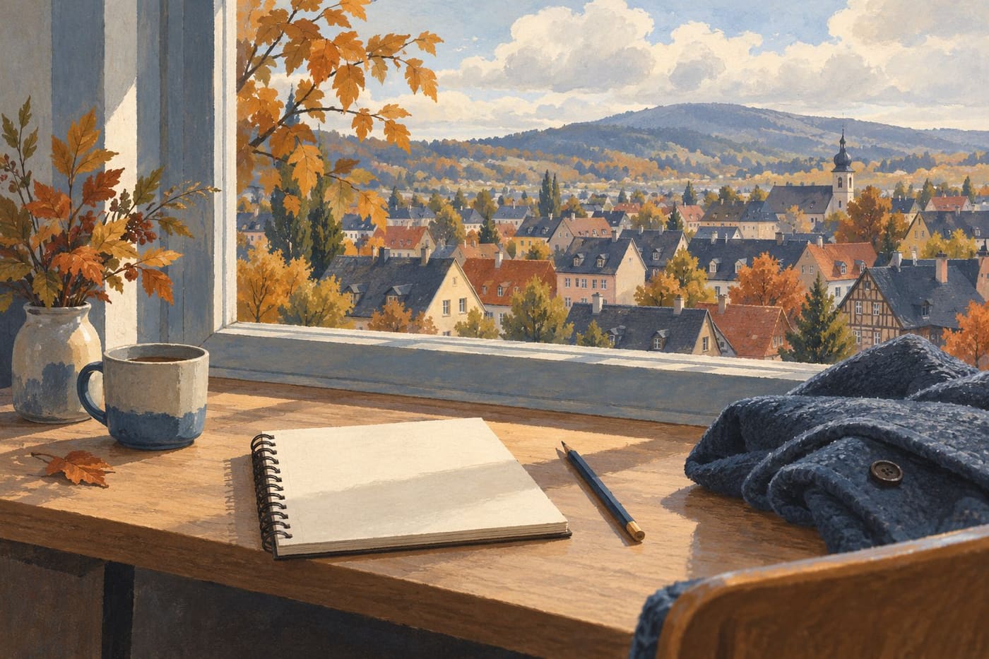 Original conceptual illustration of a notebook and coat beside a window overlooking an imaginary cloudy German town, not a live weather photograph or map.