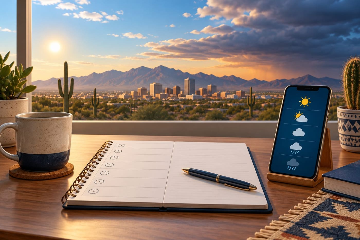 Original conceptual illustration of generic hourly planning notes and an unbranded weather-icon screen overlooking a desert-city setting; not current observed weather or an official forecast map.
