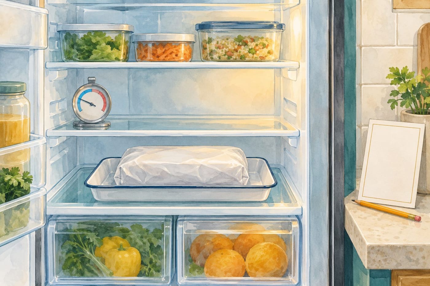 Original conceptual illustration of a generic wrapped food package in a rimmed refrigerator tray, separate closed containers, an unnumbered thermometer and blank planning card; not a tested appliance or safety certification.