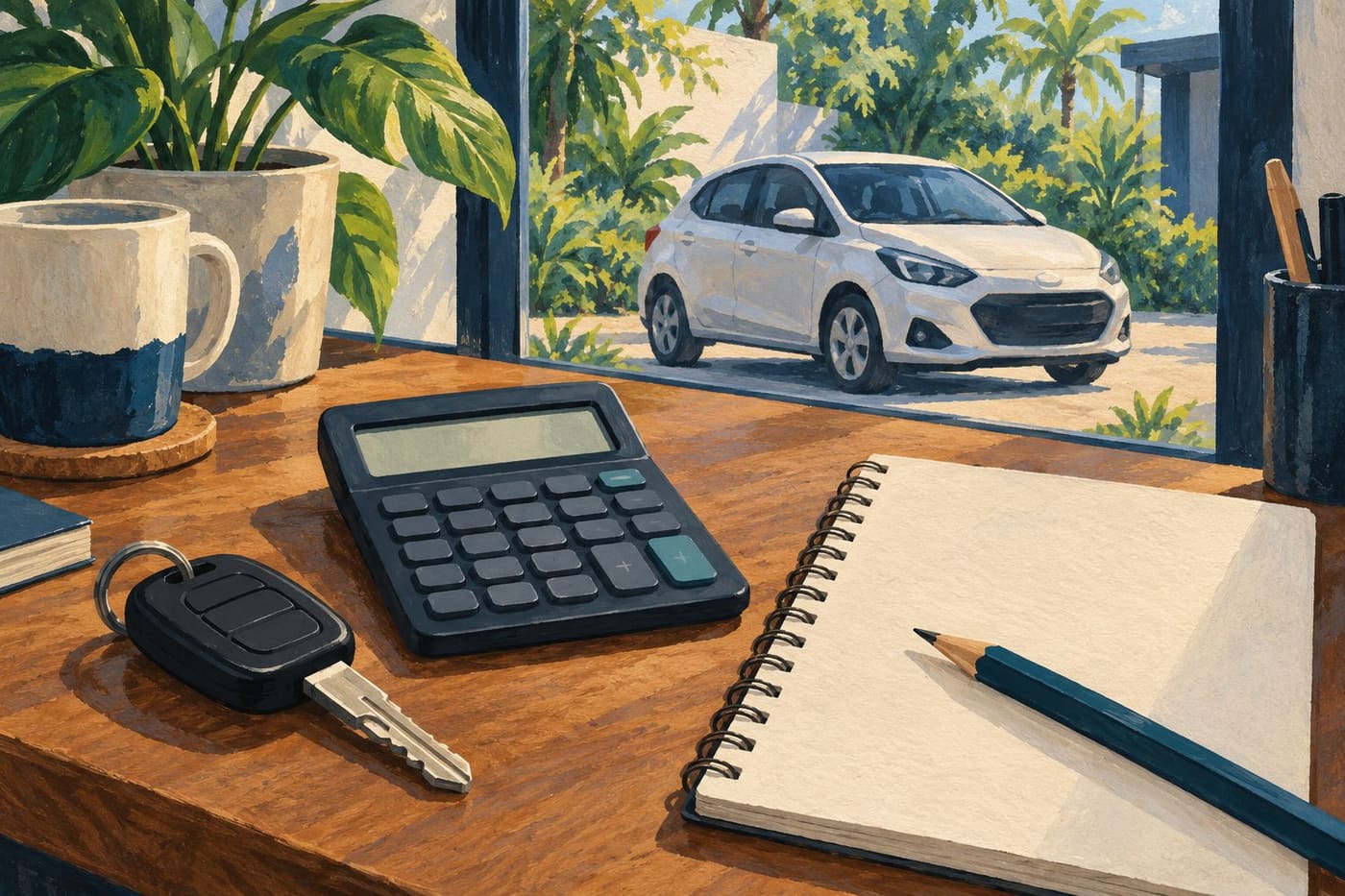 Original conceptual illustration of an unbranded car key, calculator and blank financing notebook near a generic parked car; not a lender offer or real customer record.