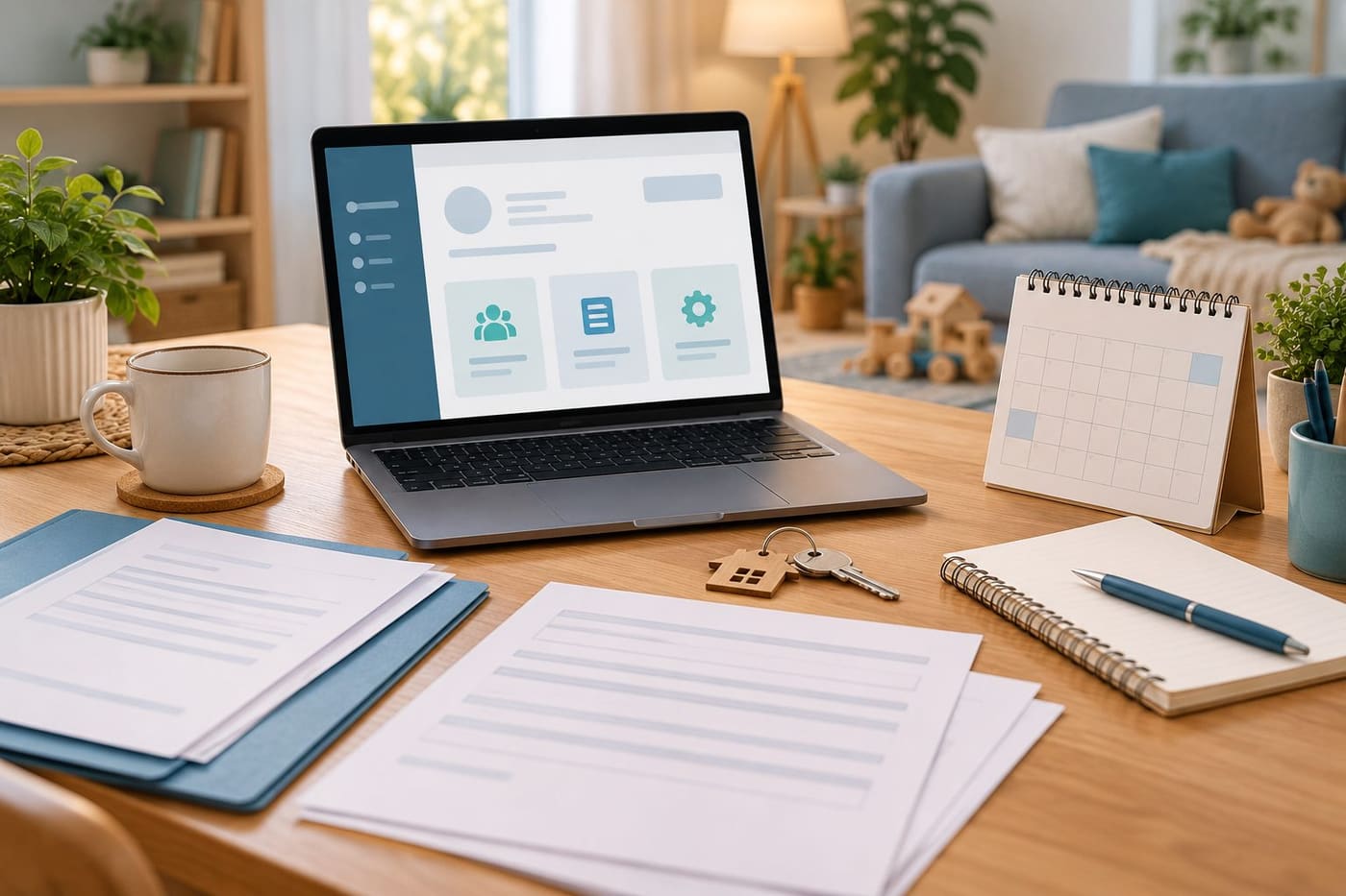 Original conceptual illustration of a home desk with an abstract laptop interface, blank documents and a house key; no real CAF account, personal information or official form.