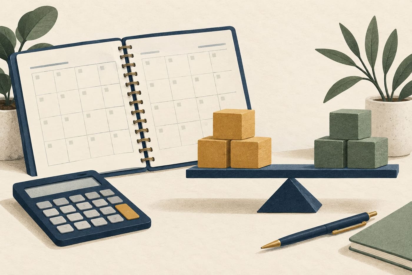 Original conceptual illustration of a generic appointment notebook, calculator and balanced cost blocks; not a real financial statement, forecast or guaranteed business result.