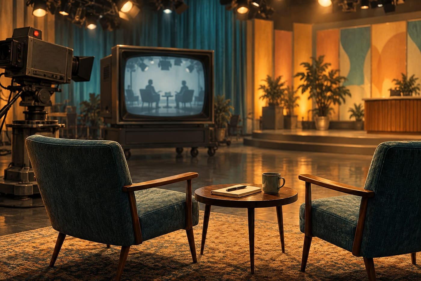 Original conceptual illustration of an unbranded vintage television studio with empty conversation chairs and a notebook; not a portrait or programme still.